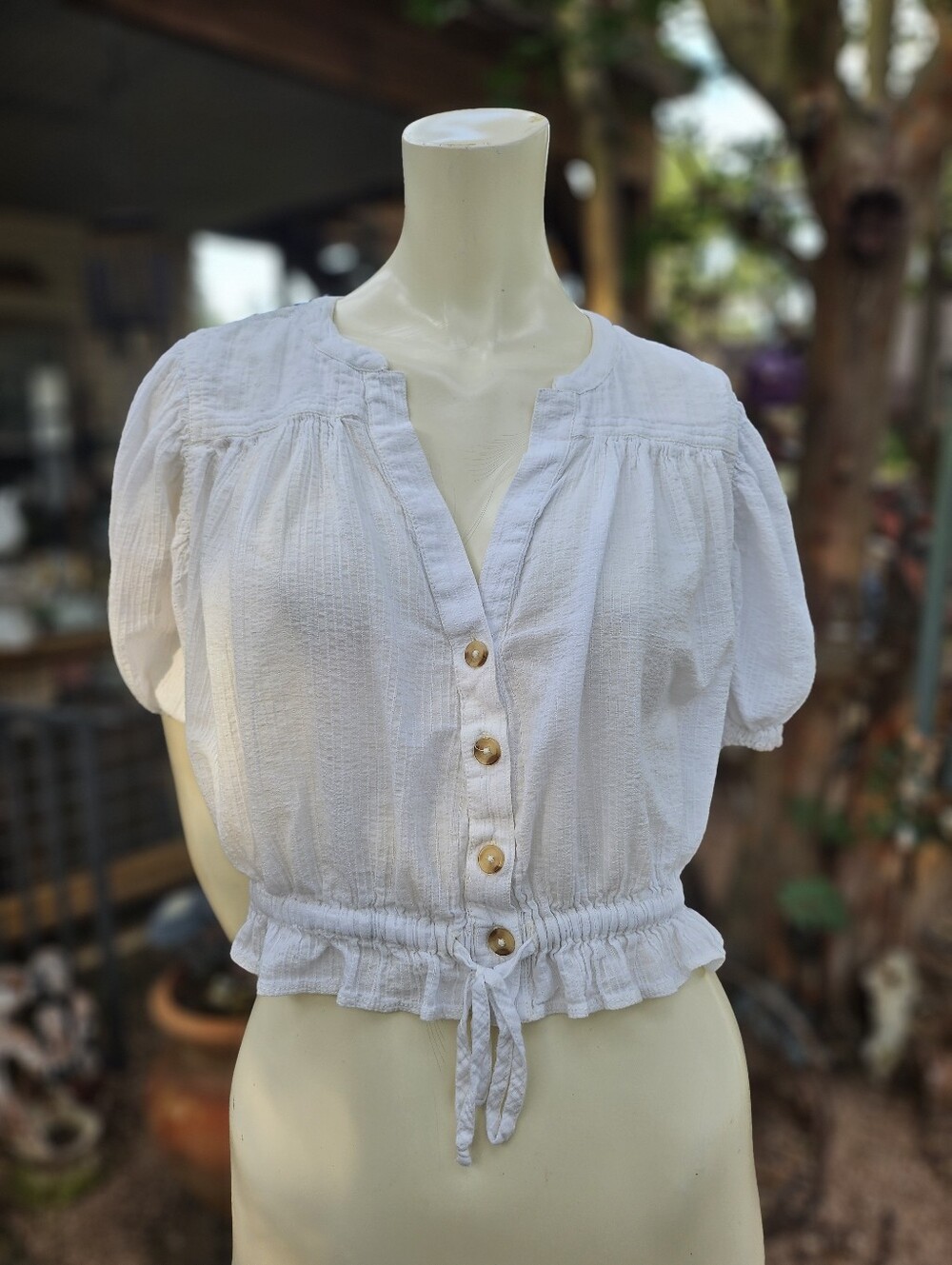 Free People Little Cloud Shirt Puff Sleeve Off-White Cotton Blouse Small